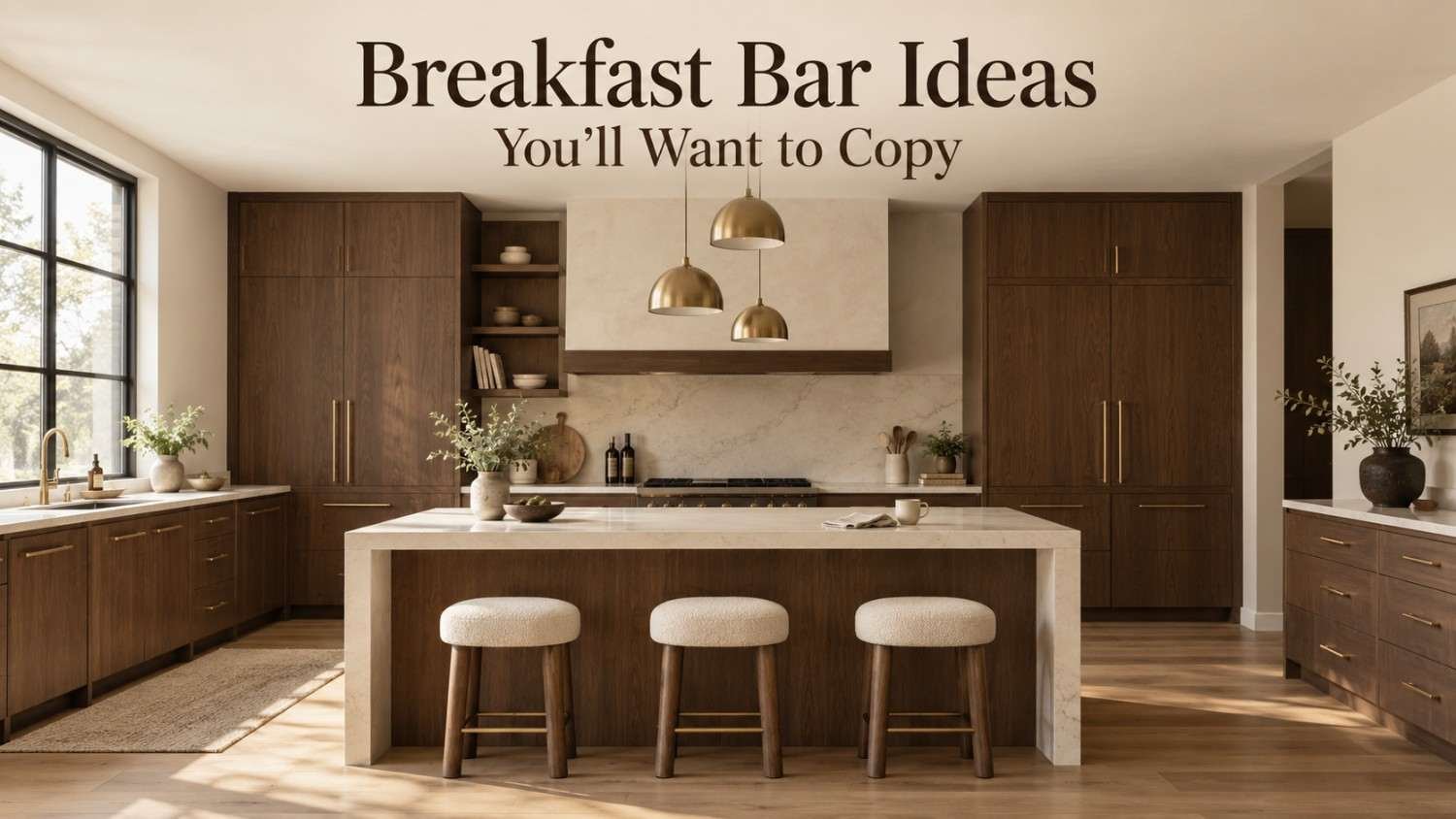 Modern kitchen island with cream quartz waterfall countertop, three brass pendant lights, and cream boucle bar stools.