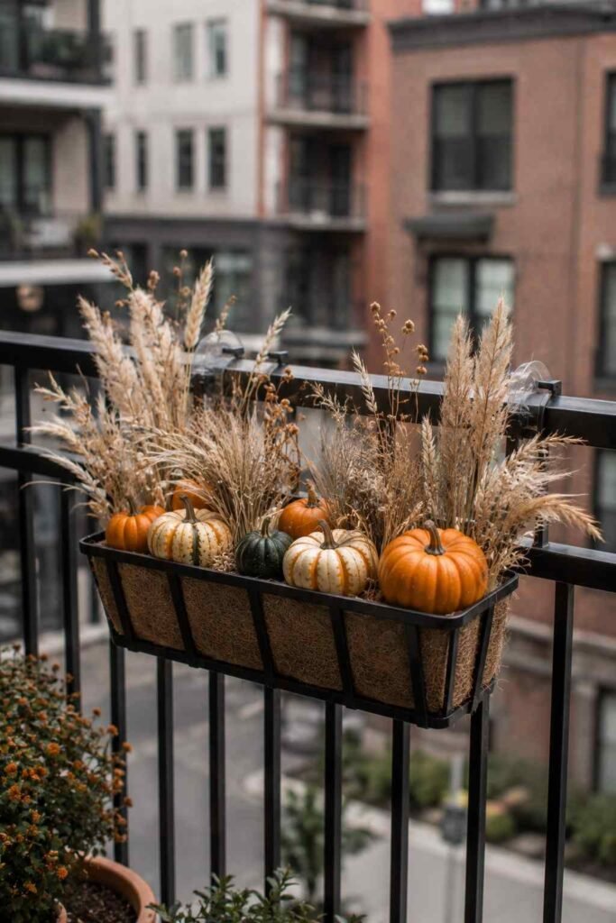 Halloween Window Boxes: Spooky, Elegant & Budget-Friendly Ideas for Every Home 20 Suction-mounted hanging Halloween window box on an apartment balcony railing