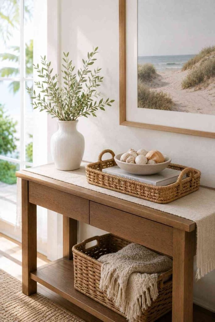 Coastal summer console table styling with linen and shells