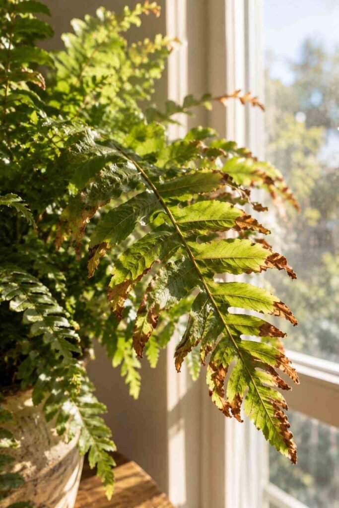 Lush Fern Sunroom Ideas to Turn Any Room Into a Living Retreat (Ideas, Plants & Care Tips) 19 Sun-scorched fern fronds from direct light in a sunroom window