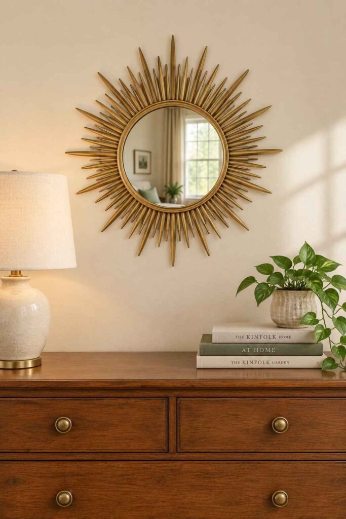 Mirror Table Decor Bedroom: 26 Stylish Ideas for Nightstands, Dressers & Vanities 10 Gold sunburst mirror above a dresser styled with a lamp, books and a plant