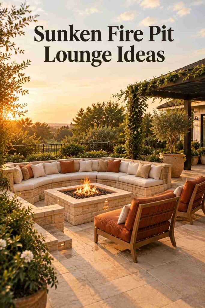 Backyard Patio Designs to Transform Your Outdoor Space in 2026 8 Sunken fire pit surrounded by built-in stone bench seating on a natural stone patio at golden hour.