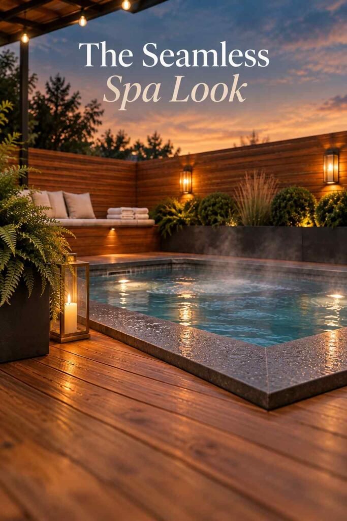 Close view of a sunken spa's charcoal stone coping, cedar deck boards, and softly steaming water at dusk.