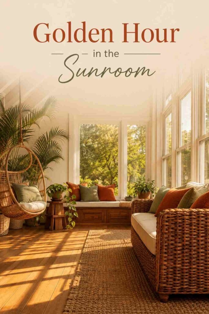Warm afternoon light casting window mullion shadows across an oak floor and jute rug in a sunroom.