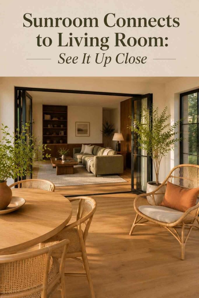Rattan lounge chair and round blonde wood table in a sunroom, with a sage green sofa visible through the open doorway to the living room.