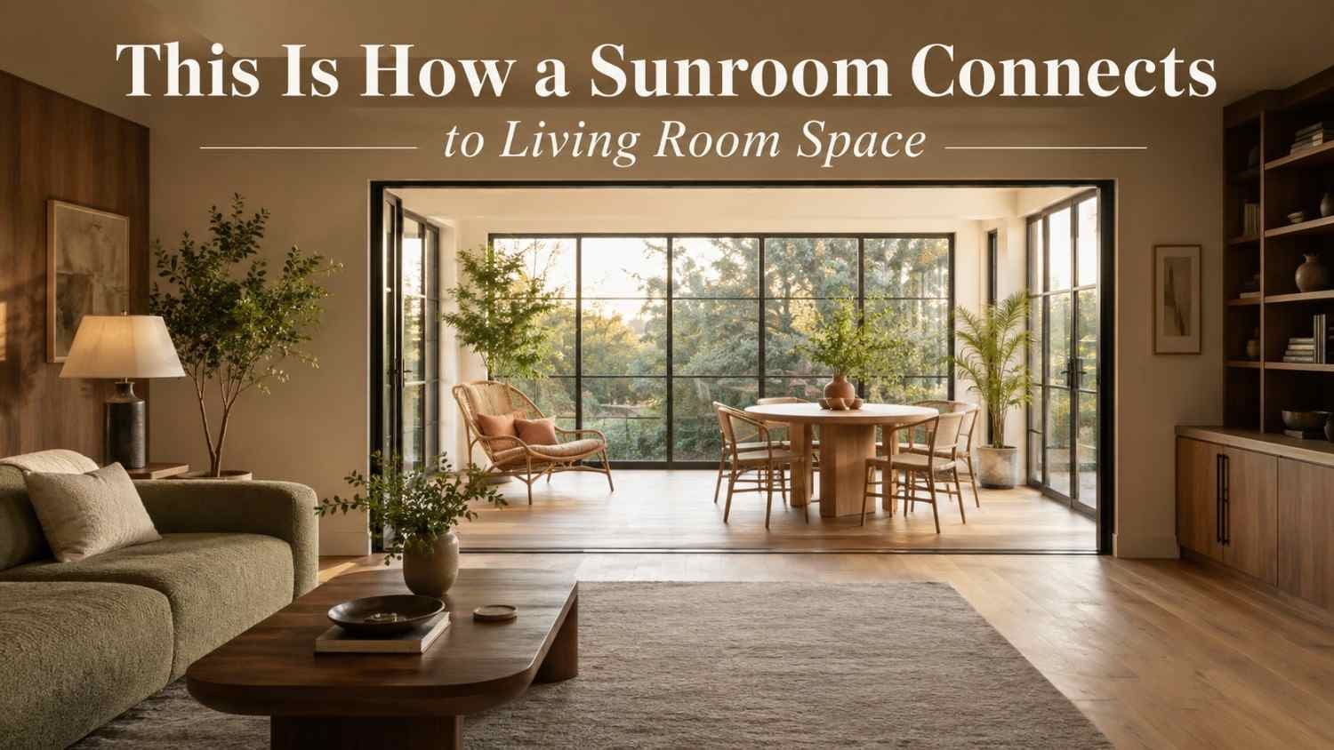 Open living room with a sage green sofa and walnut coffee table looking through a black-framed glass threshold into a sunlit sunroom with rattan chairs.