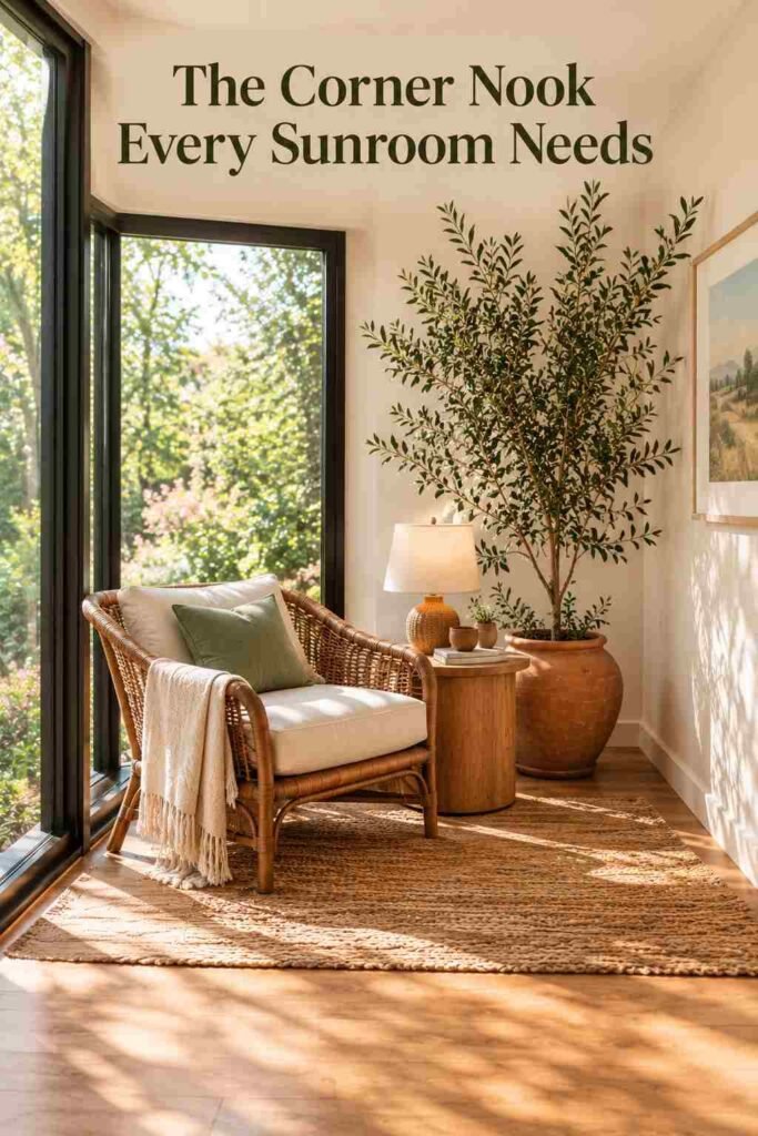 Cozy sunroom corner with a rattan armchair, side table, lamp, and a tall potted olive tree.
