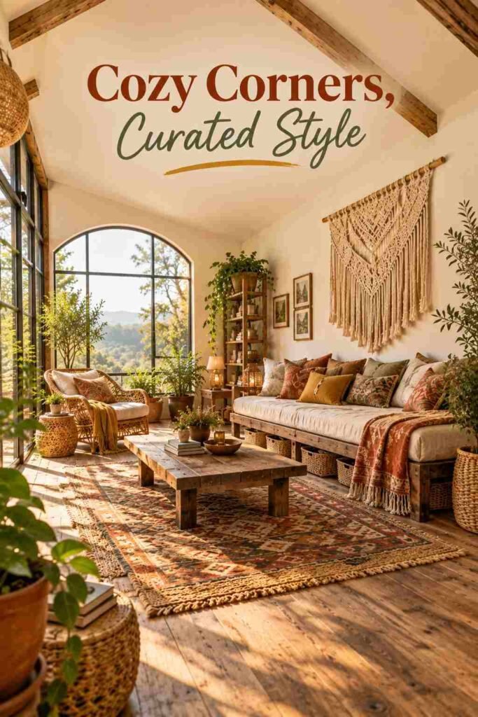 Bohemian Chic Sunroom Ideas to Transform Your Space 12 Daybed with layered pillows beneath a macramé wall hanging in a sunroom