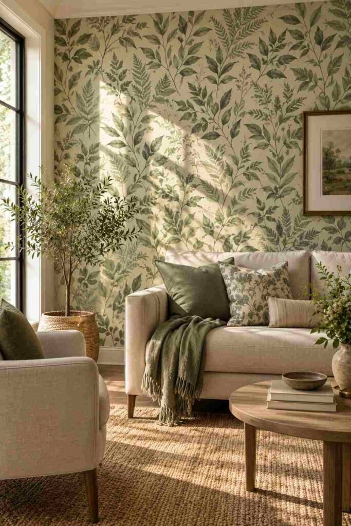 Botanical wallpaper accent wall in a sunroom den