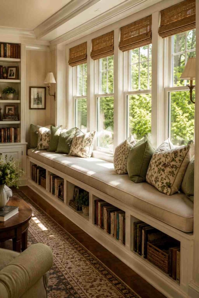 Built-in cushioned window seat in a sunroom den