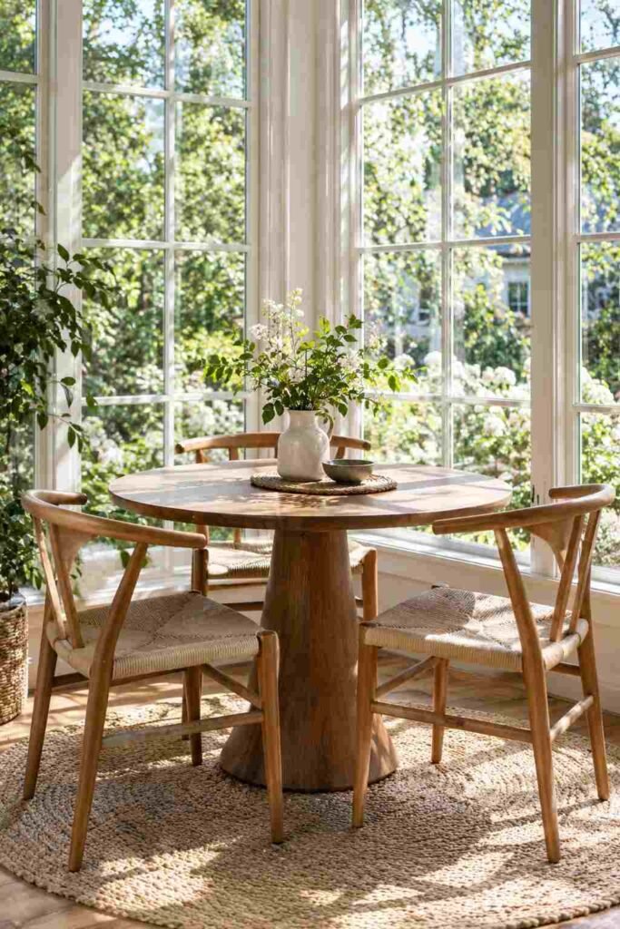 Small round dining table in a sunroom den