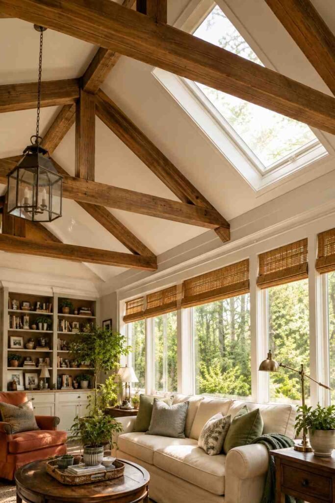 Exposed wood beam ceiling in a sunroom den