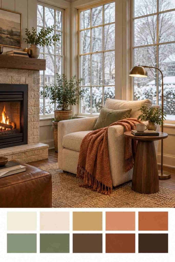 Four-season sunroom den with fireplace and color palette swatch strip