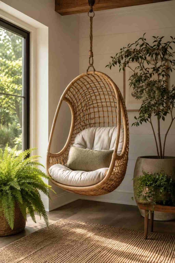 Hanging rattan chair in a sunroom den corner