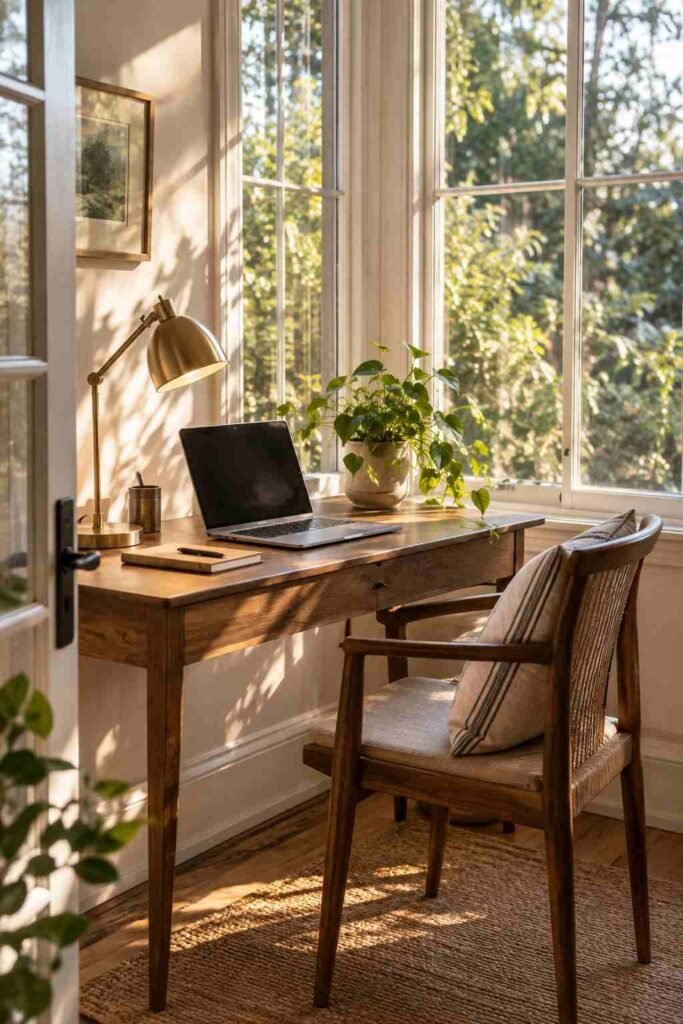 Small home office desk in a sunroom den corner
