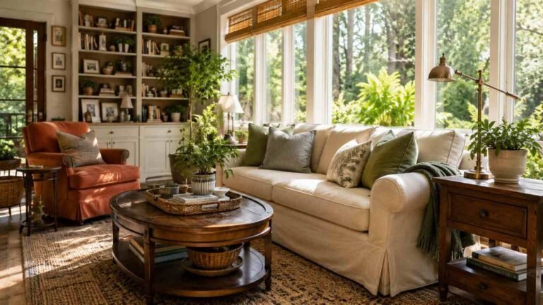 Cozy sunroom den with terracotta and walnut color
