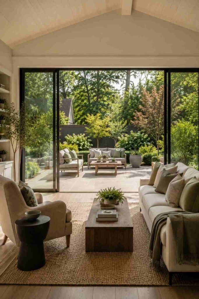 Sliding glass doors connecting a sunroom den to the patio