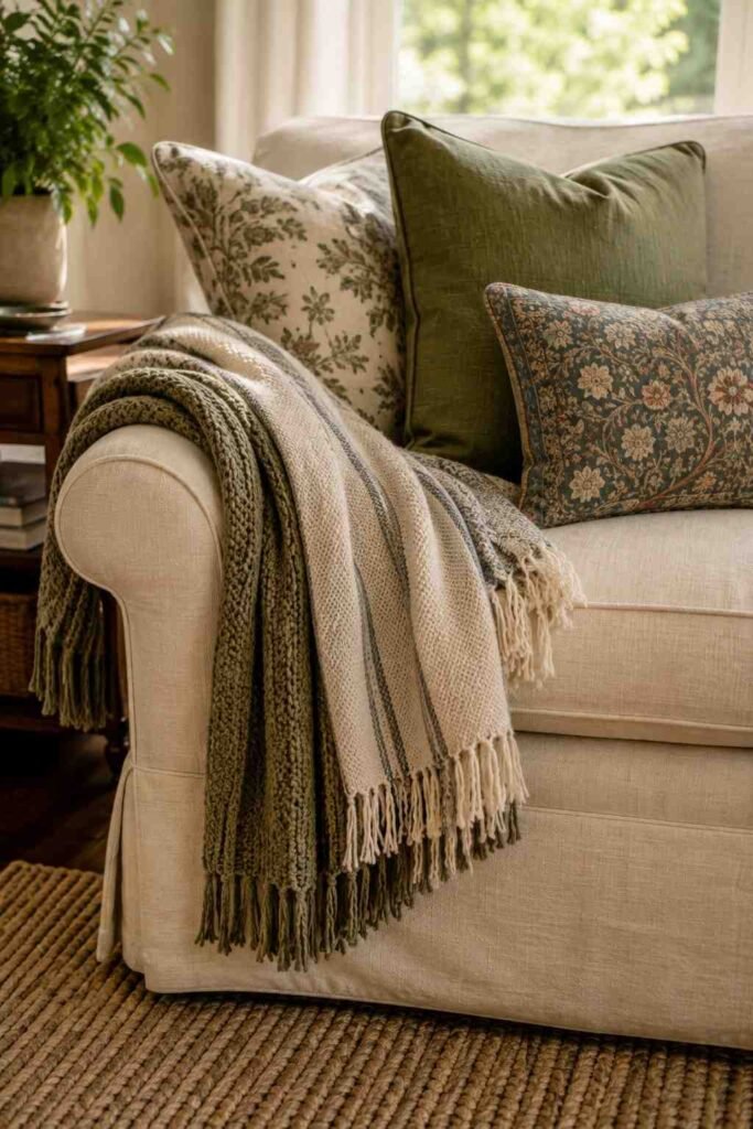 Layered throw blankets and pillows in a cozy sunroom den.