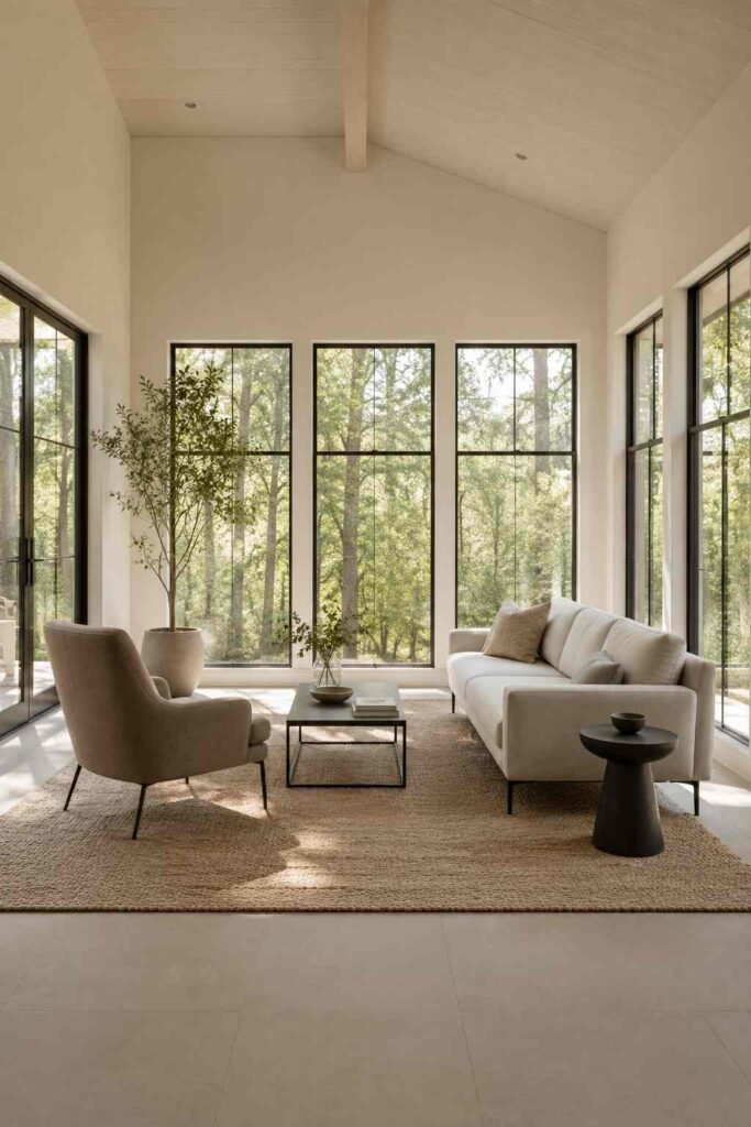 Low-profile modern furniture in a sunroom den