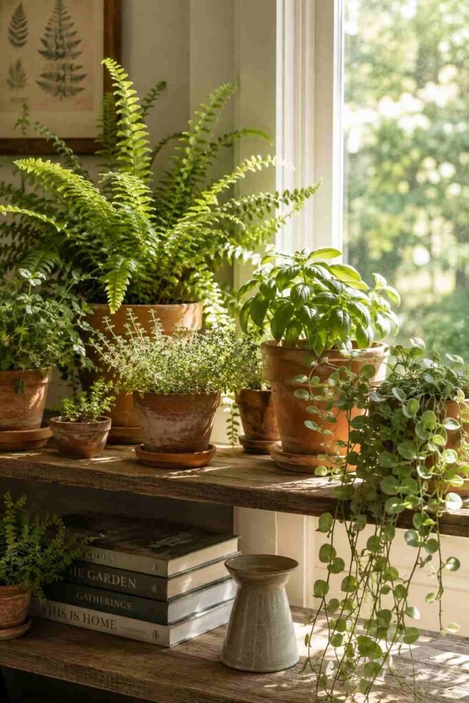 Potted plants arranged near a sunroom den window