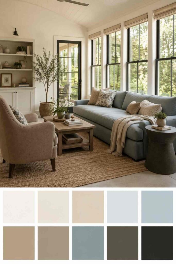 Modern sunroom den with soft neutral color palette swatch strip