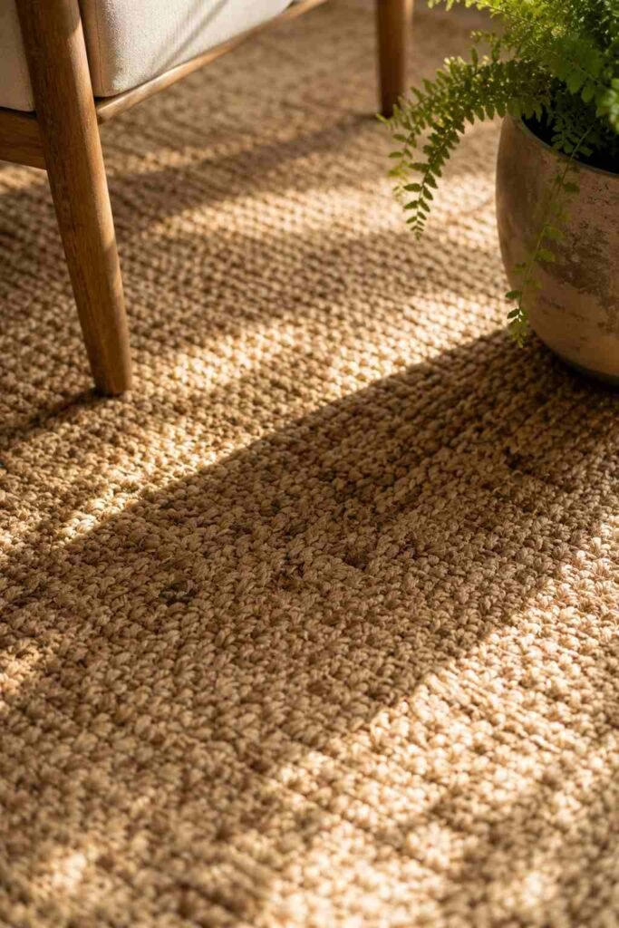 Natural jute rug texture in a sunroom den
