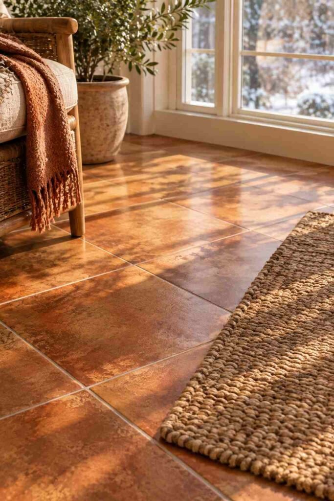 Heated tile flooring in a four-season sunroom den
