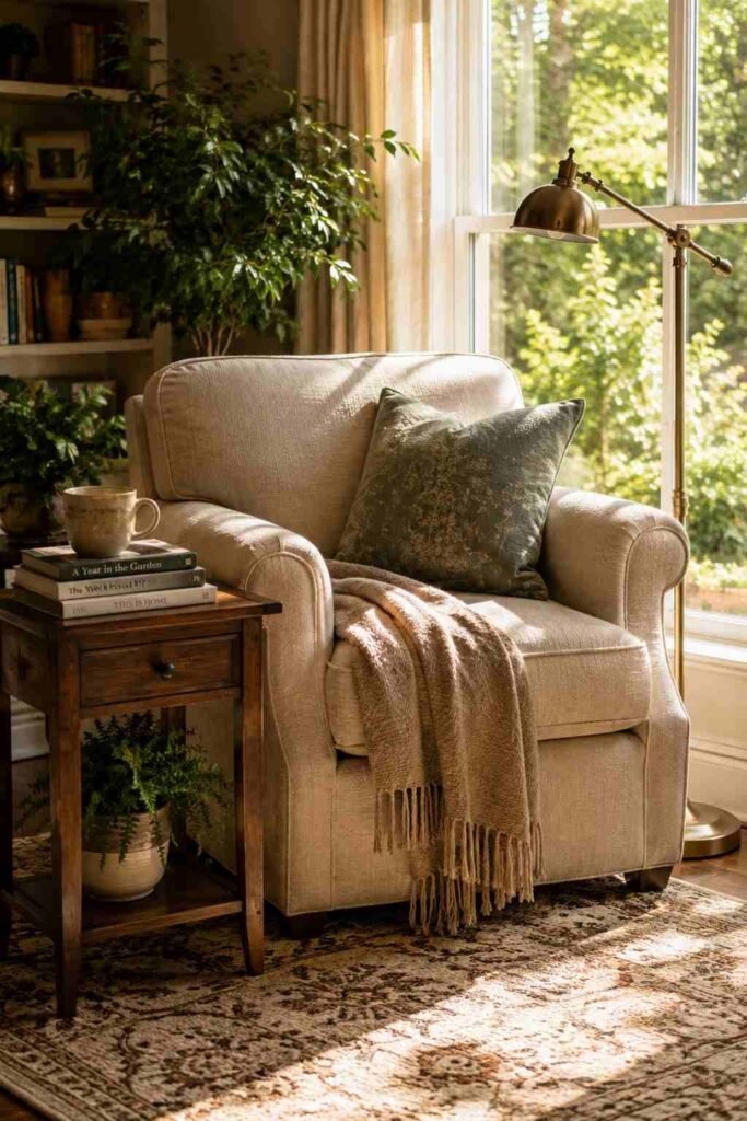 Reading chair and floor lamp in a sunroom den corner