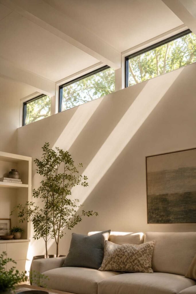 Clerestory windows bringing extra light into a sunroom den