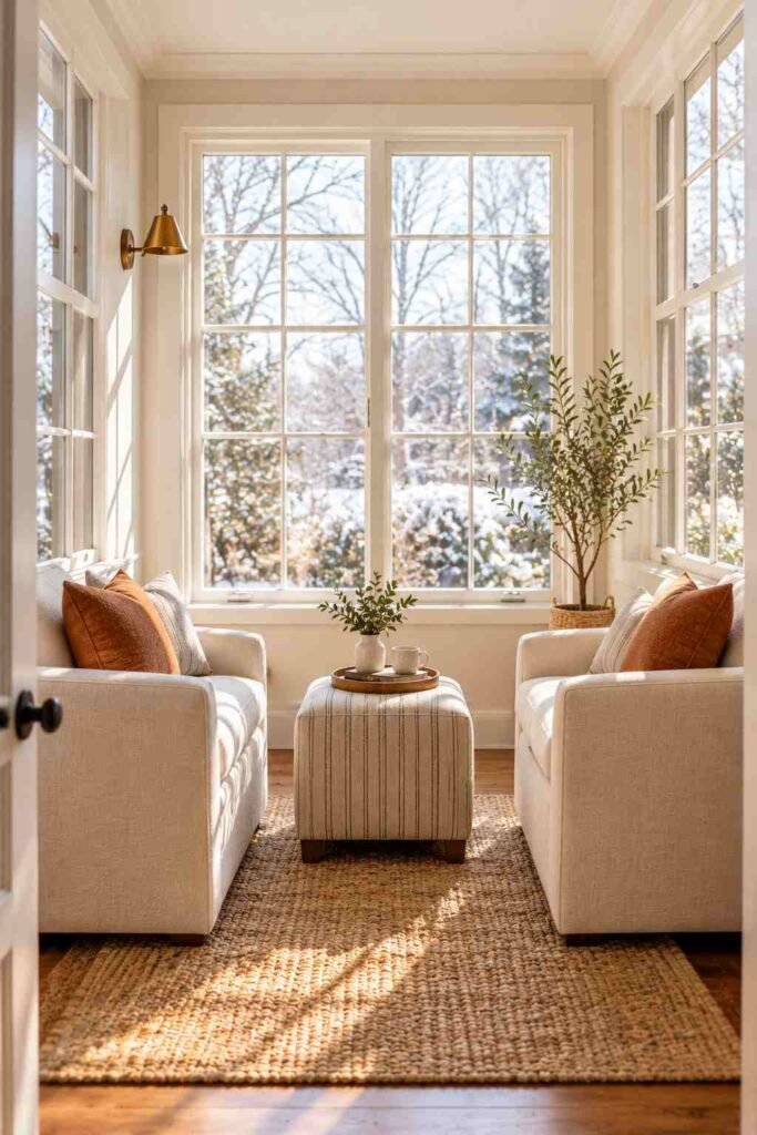 Two-chair seating layout in a small sunroom den