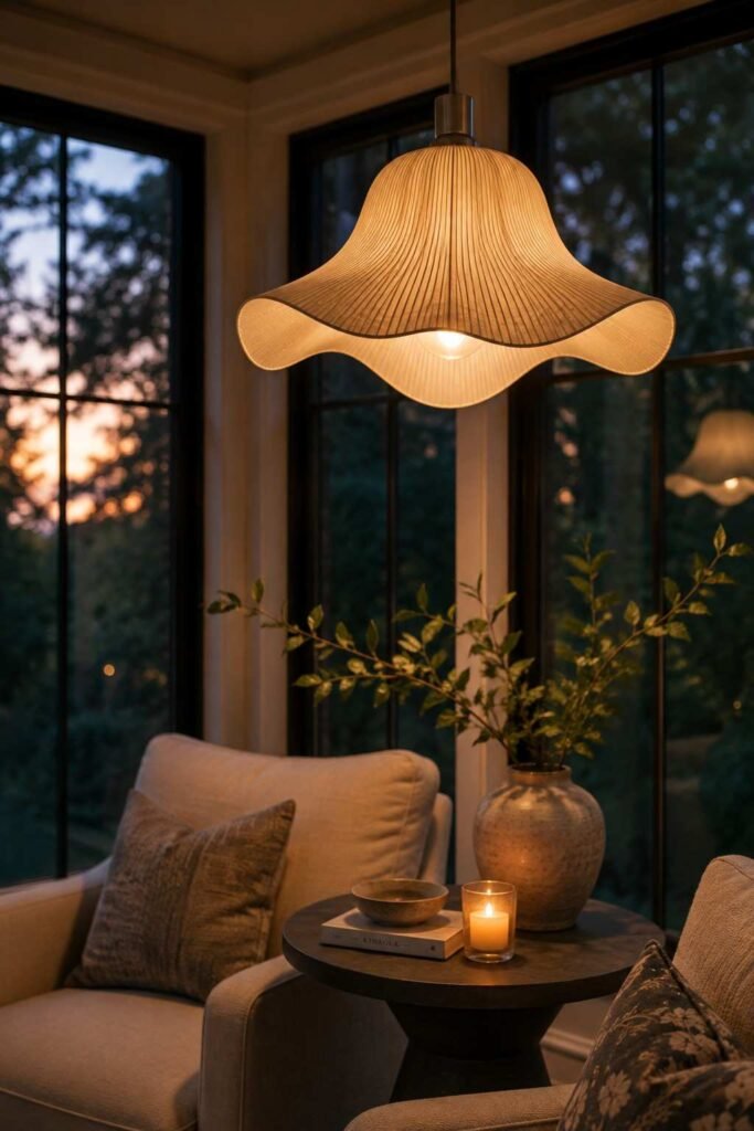 Sculptural pendant light fixture in a sunroom den