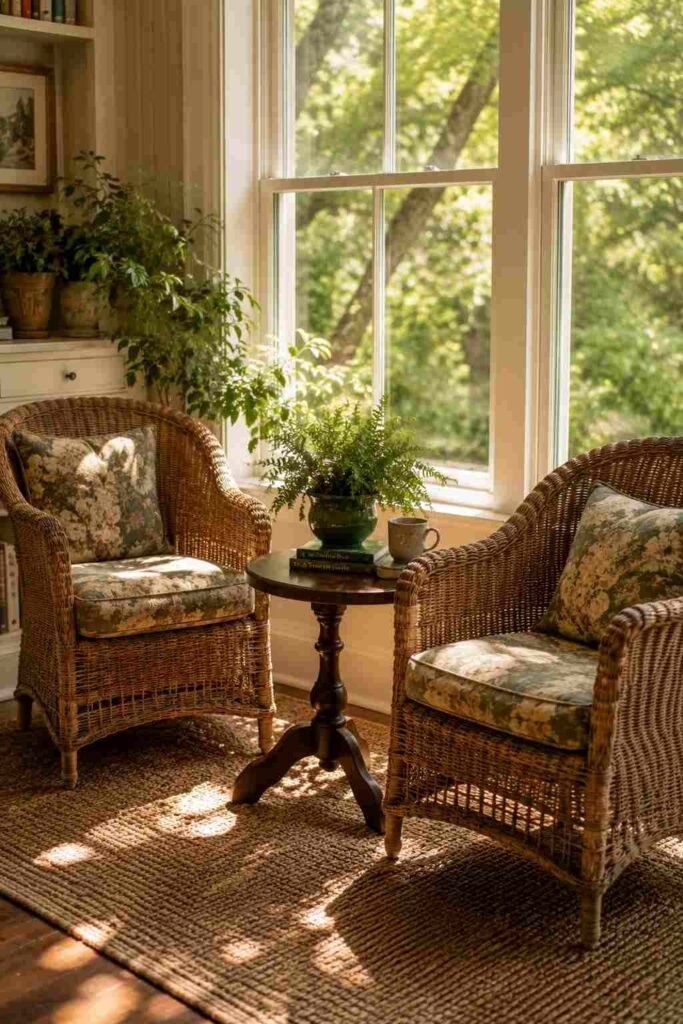 Vintage wicker chairs in a traditional sunroom den