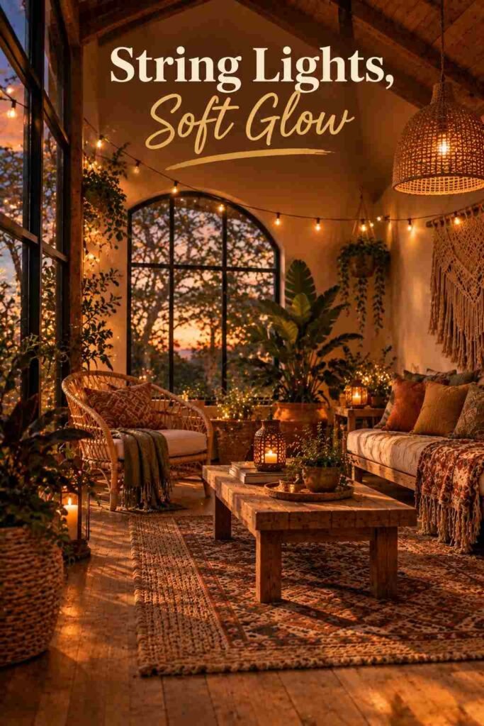 Bohemian Chic Sunroom Ideas to Transform Your Space 16 Rattan pendant light and string lights glowing in a sunroom at evening