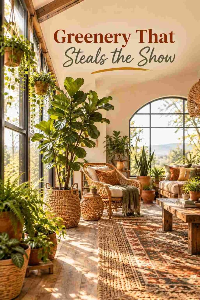 Bohemian Chic Sunroom Ideas to Transform Your Space 9 Fiddle leaf fig and hanging plants near a sunroom window