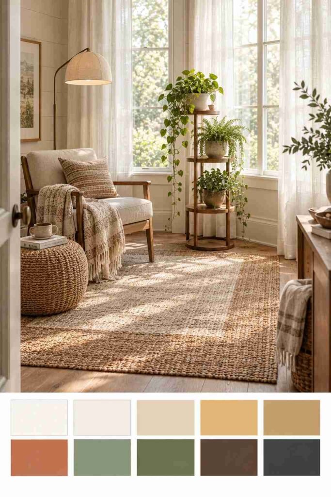 Sunroom finishing touches including rug, lighting, and plants with warm color palette swatches