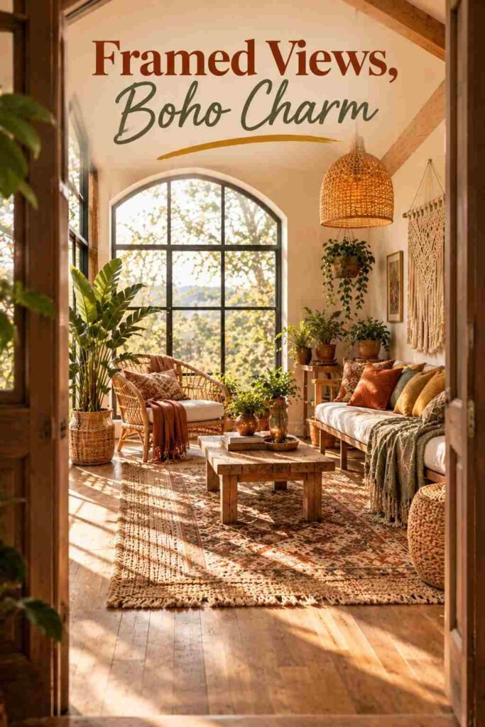 Bohemian Chic Sunroom Ideas to Transform Your Space 18 Bohemian sunroom viewed through an open doorway frame