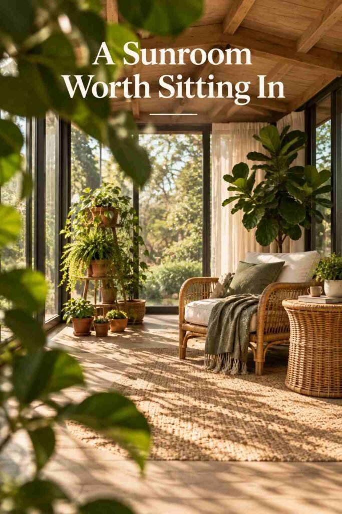 View of a sunroom seating area framed through the blurred foreground leaves of a fiddle-leaf fig.