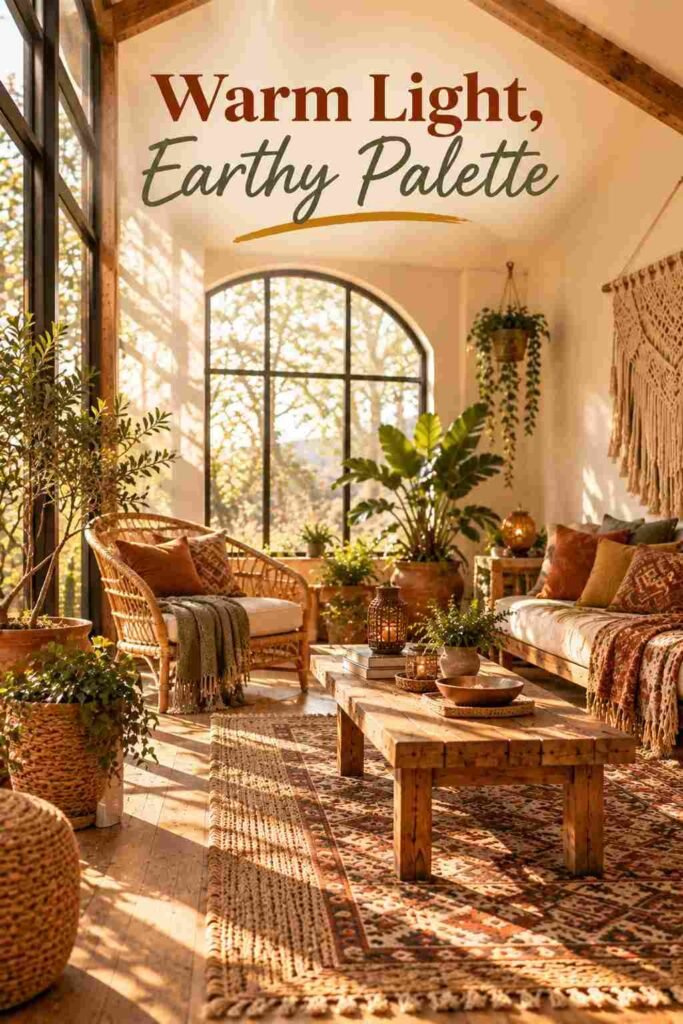 Bohemian Chic Sunroom Ideas to Transform Your Space 17 Warm afternoon light casting shadows across a sunroom coffee table and rugs