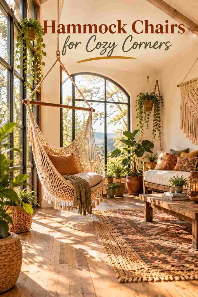 Bohemian Chic Sunroom Ideas to Transform Your Space 13 Woven hammock chair suspended near a sunroom window