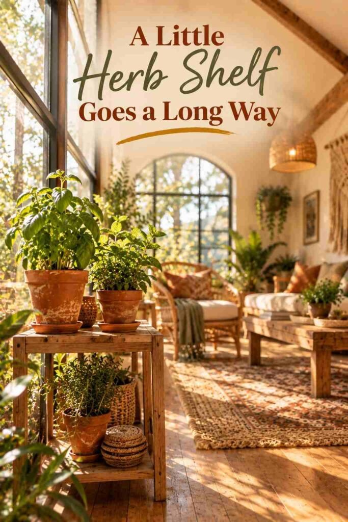 Bohemian Chic Sunroom Ideas to Transform Your Space 10 Potted basil and mint on a wooden shelf in a sunlit sunroom