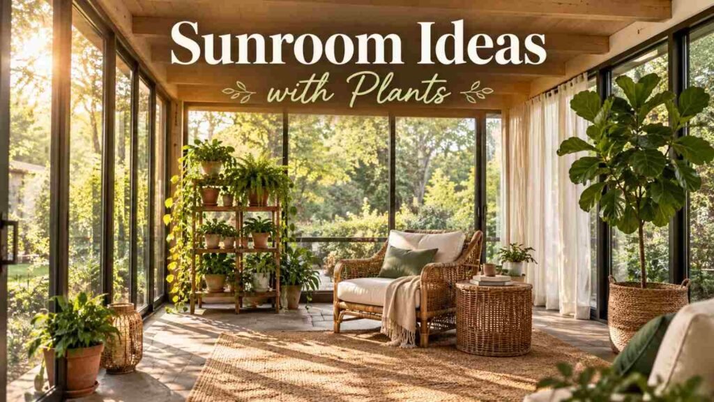 Sunroom Ideas With Plants for a Bright, Green Retreat 11 Bright sunroom with floor-to-ceiling windows, a rattan lounge chair, and a tiered plant stand filled with ferns and pothos.