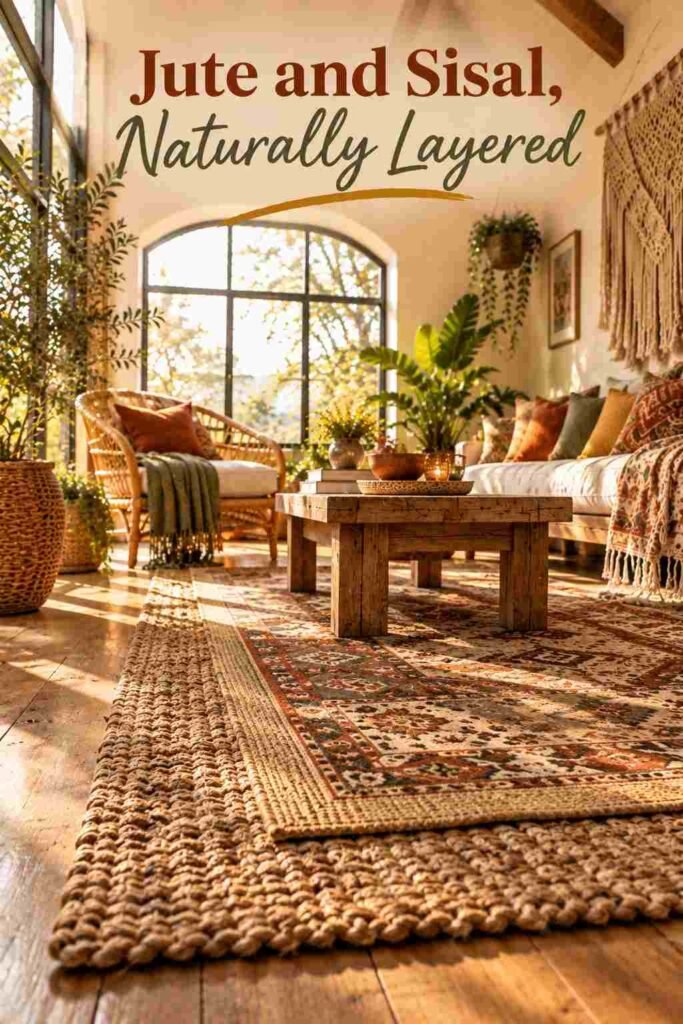 Bohemian Chic Sunroom Ideas to Transform Your Space 4 Close-up of a jute rug layered beneath a sisal-edged kilim rug in a sunroom