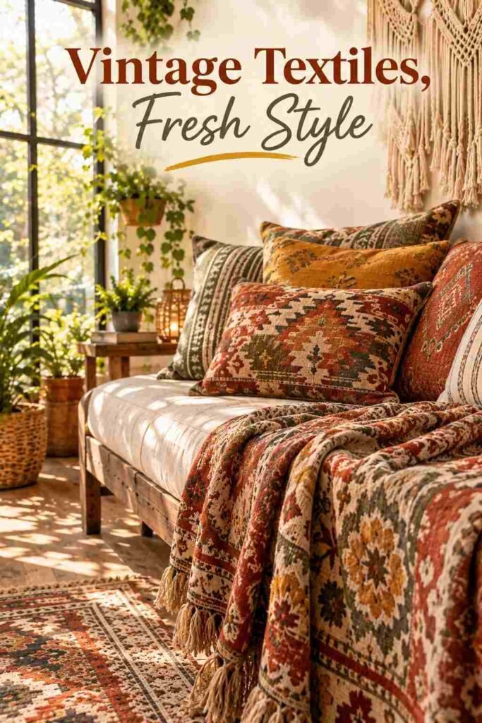 Bohemian Chic Sunroom Ideas to Transform Your Space 7 Kilim throw pillows and vintage suzani blanket layered on a daybed