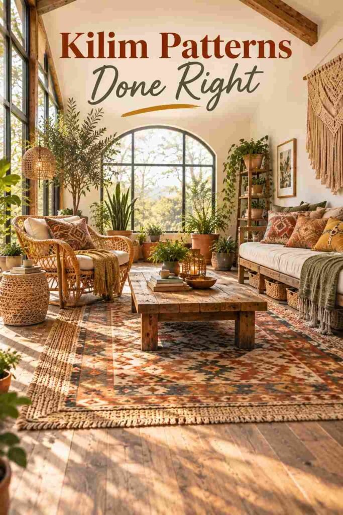 Bohemian Chic Sunroom Ideas to Transform Your Space 6 Rattan chair and coffee table on layered jute and kilim rugs