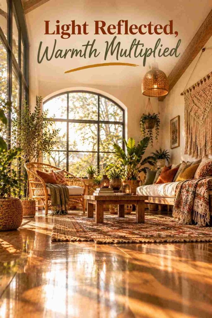 Bohemian Chic Sunroom Ideas to Transform Your Space 3 Low-angle view of sunroom daybed with light reflecting on wood flooring