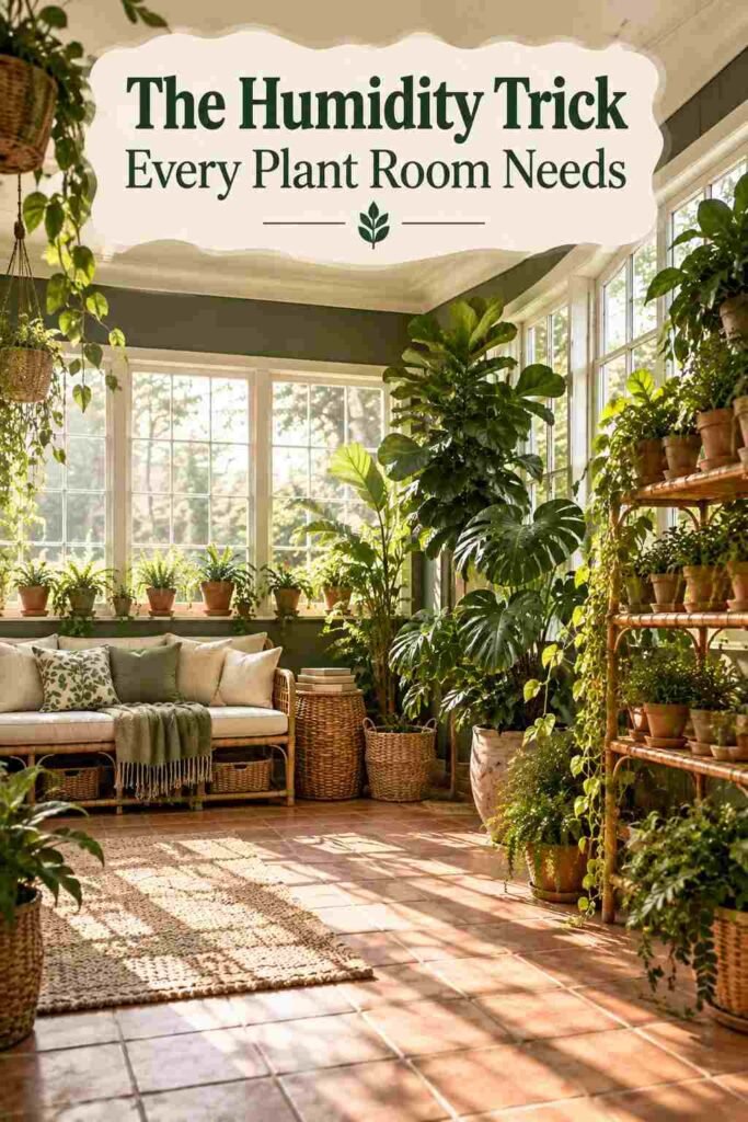 Low-angle view of a glass-walled plant room with diagonal morning light and hanging plants near the ceiling