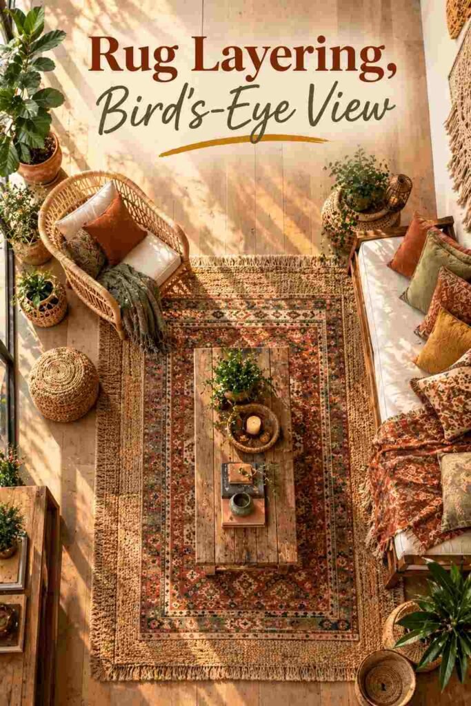 Bohemian Chic Sunroom Ideas to Transform Your Space 8 Overhead view of a sunroom showing layered rugs and furniture layout