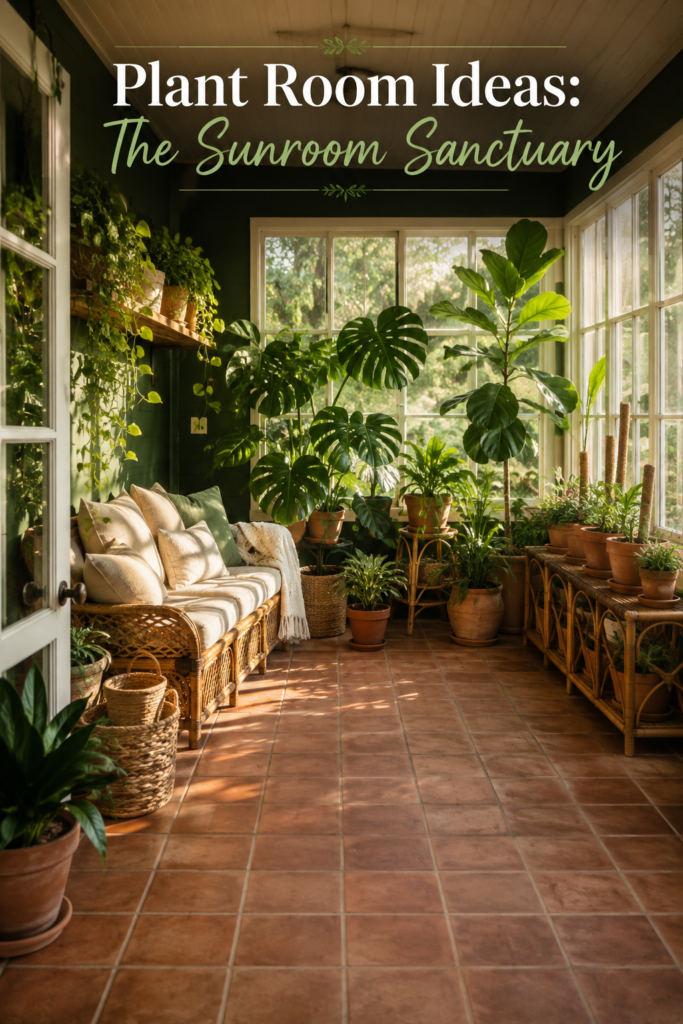 Sun-filled sunroom plant room with terracotta pots, a rattan bench, and glass walls flooding the space with light