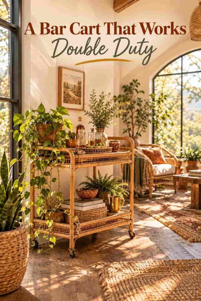 Bohemian Chic Sunroom Ideas to Transform Your Space 15 Styled rattan bar cart with plants, books, and glassware in a sunroom