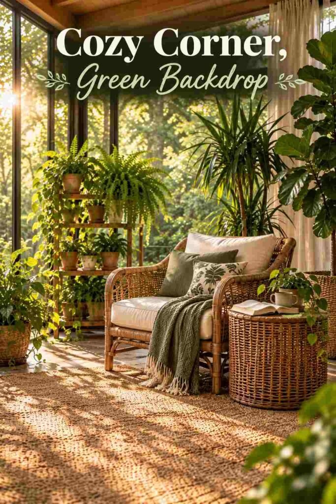 Rattan lounge chair beside a tall dracaena plant, with an open book and a tea cup on a side table.